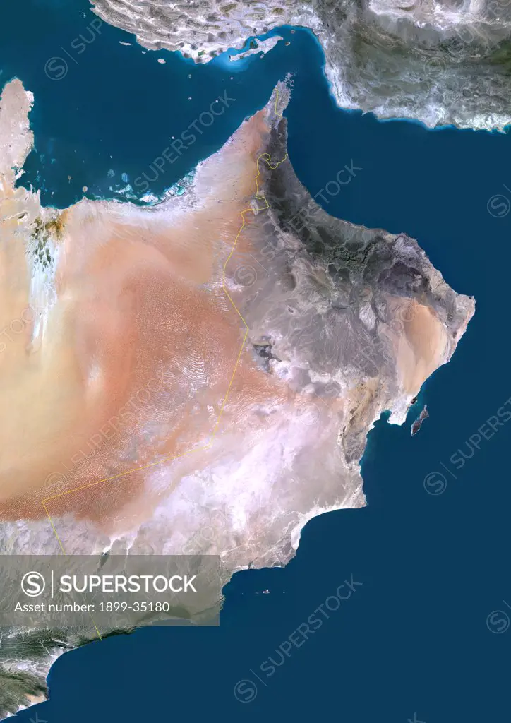 Oman, Middle East, Asia, True Colour Satellite Image With Border. Satellite view of Oman (with border). This image was compiled from data acquired by LANDSAT 5 & 7 satellites.