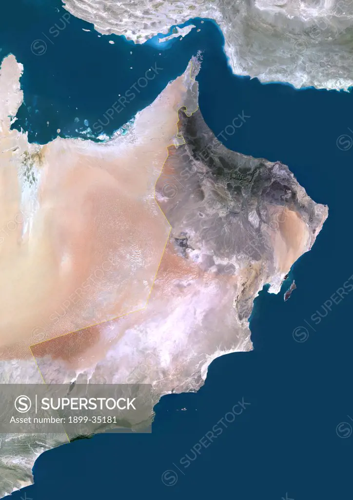 Oman, Middle East, Asia, True Colour Satellite Image With Border And Mask. Satellite view of Oman (with border and mask). This image was compiled from data acquired by LANDSAT 5 & 7 satellites.