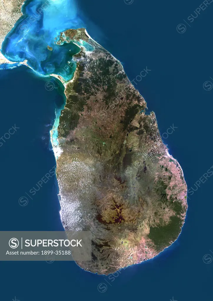 Sri Lanka, Asia, True Colour Satellite Image. Satellite view of Sri Lanka. This image was compiled from data acquired by LANDSAT 5 & 7 satellites.