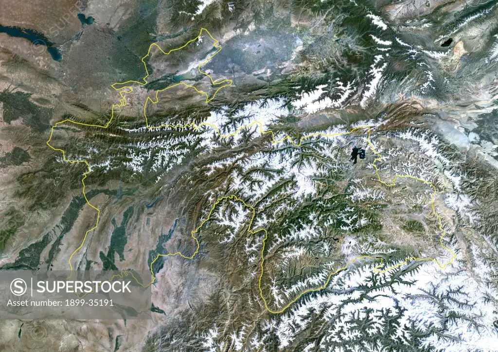 Tajikistan, Asia, True Colour Satellite Image With Border. Satellite view of Tajikistan (with border). This image was compiled from data acquired by LANDSAT 5 & 7 satellites.