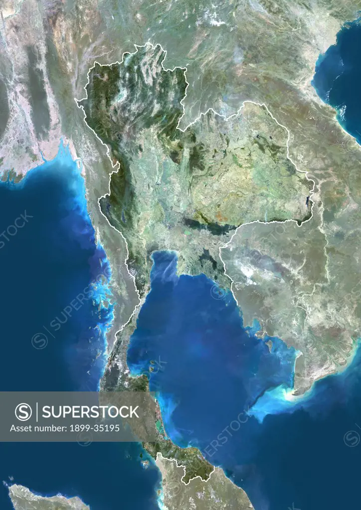 Thailand, Asia, True Colour Satellite Image With Border And Mask. Satellite view of Thailand (with border and mask). This image was compiled from data acquired by LANDSAT 5 & 7 satellites.