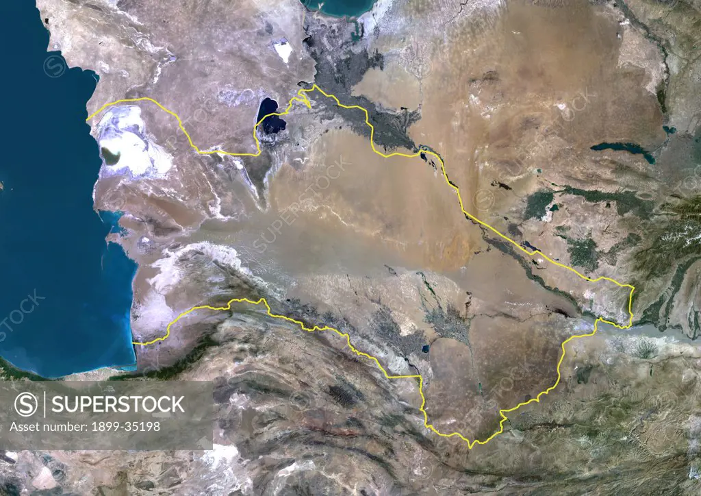 Turkmenistan, Asia, True Colour Satellite Image With Border. Satellite view of Turkmenistan (with border). This image was compiled from data acquired by LANDSAT 5 & 7 satellites.