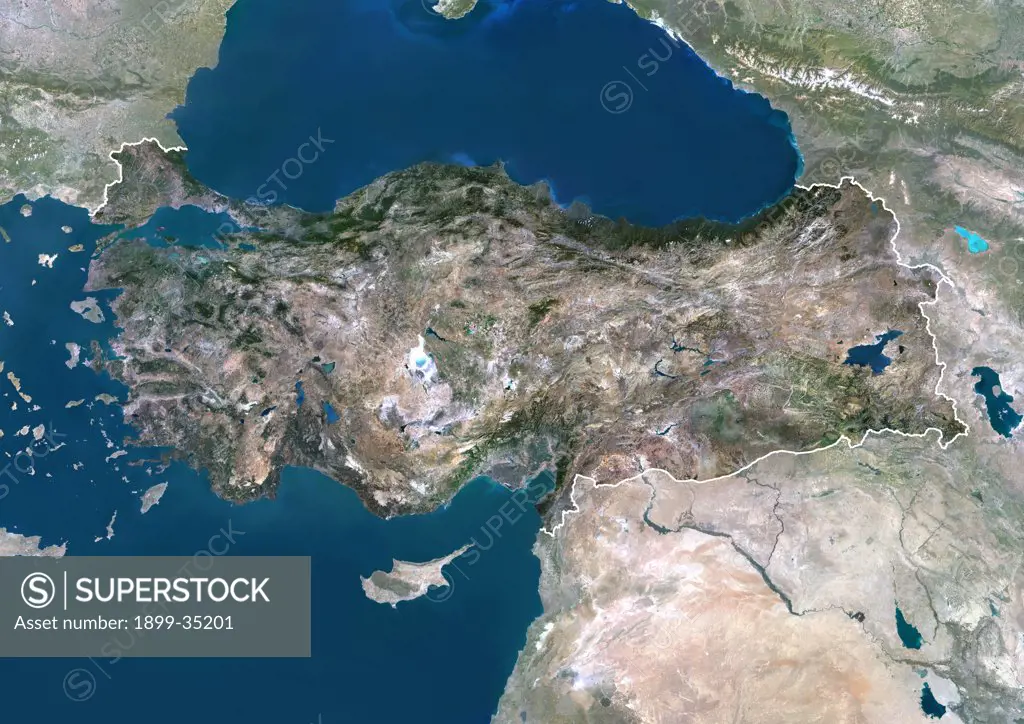 Turkey, Asia, True Colour Satellite Image With Border And Mask. Satellite view of Turkey (with border and mask). This image was compiled from data acquired by LANDSAT 5 & 7 satellites.