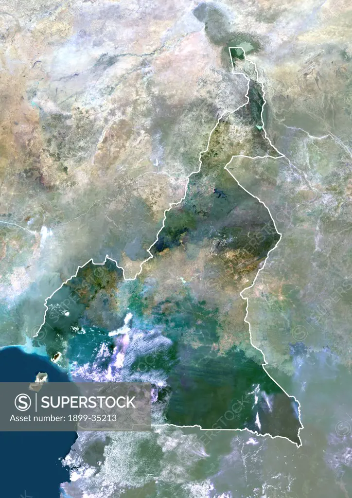 Cameroon, Africa, True Colour Satellite Image With Border And Mask. Satellite view of Cameroon (with border and mask). This image was compiled from data acquired by LANDSAT 5 & 7 satellites.