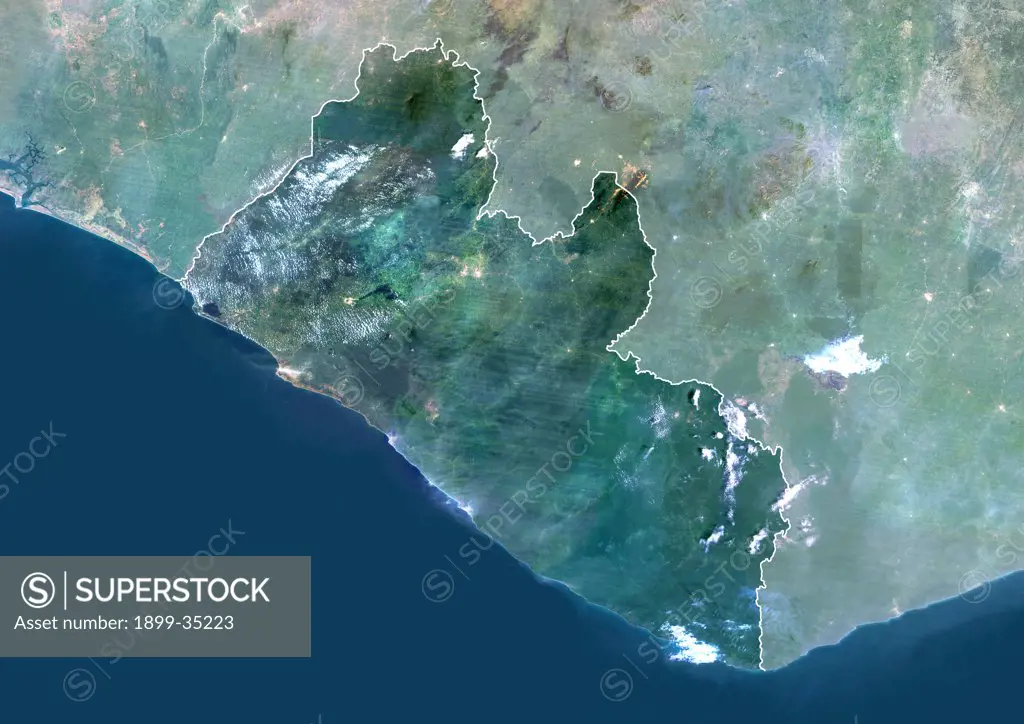 Liberia, Africa, True Colour Satellite Image With Border And Mask. Satellite view of Liberia (with border and mask). This image was compiled from data acquired by LANDSAT 5 & 7 satellites.