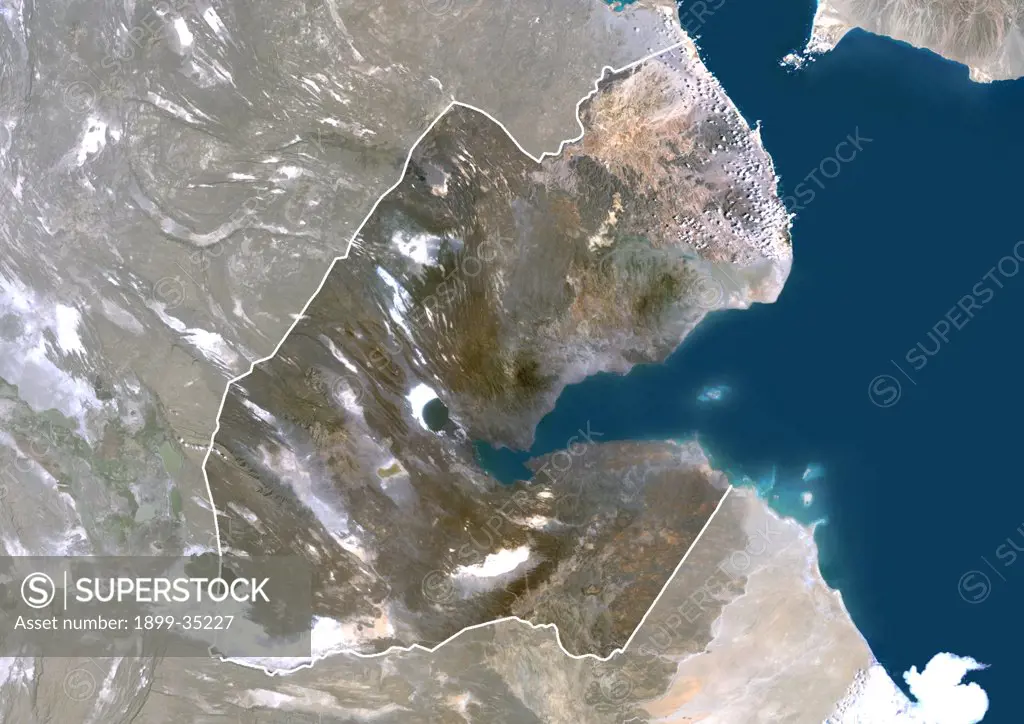 Djibouti, Africa, True Colour Satellite Image With Border And Mask. Satellite view of Djibouti (with border and mask). This image was compiled from data acquired by LANDSAT 5 & 7 satellites.