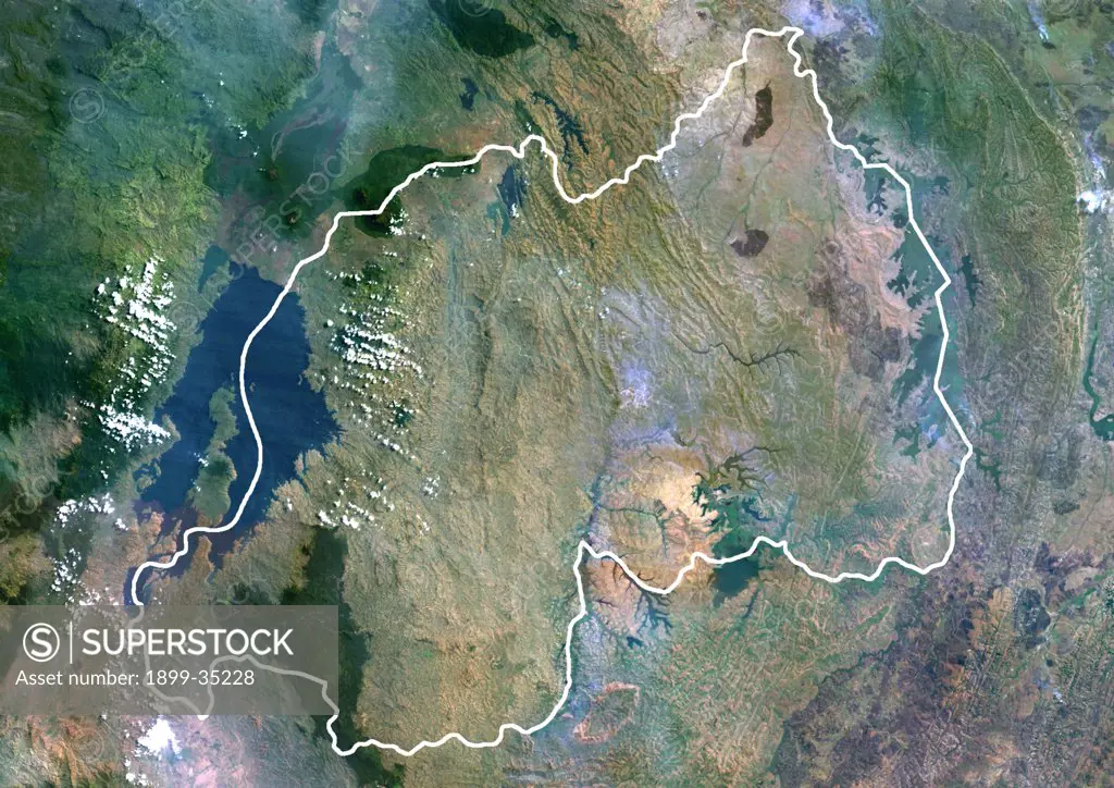 Rwanda, Africa, True Colour Satellite Image With Border. Satellite view of Rwanda (with border and mask). This image was compiled from data acquired by LANDSAT 5 & 7 satellites.