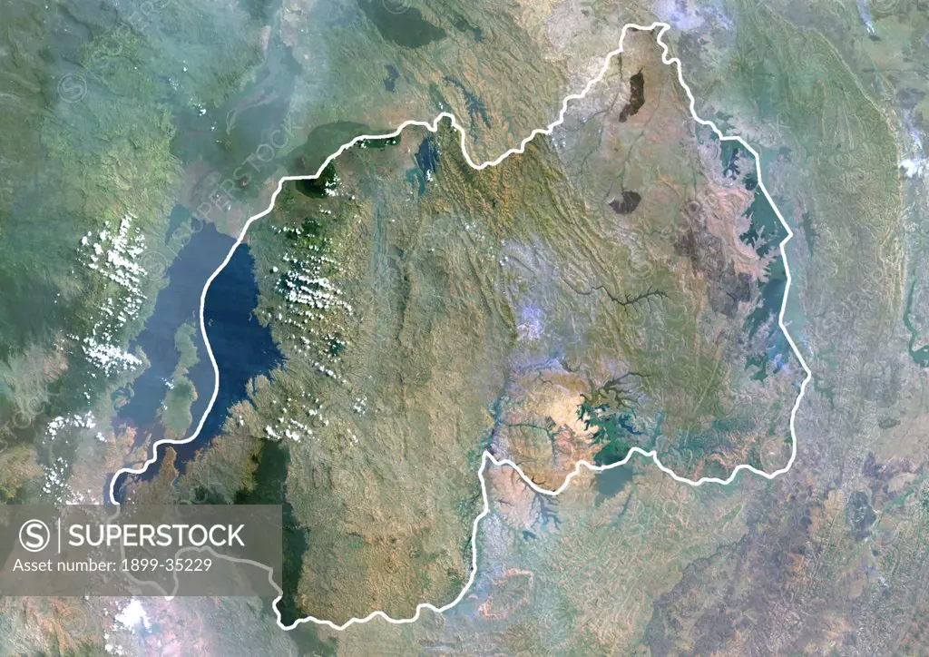 Rwanda, Africa, True Colour Satellite Image With Border And Mask. Satellite view of Rwanda (with border and mask). This image was compiled from data acquired by LANDSAT 5 & 7 satellites.