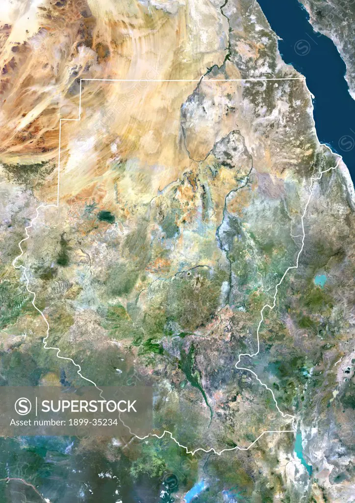 Sudan, Africa, True Colour Satellite Image With Border. Satellite view of Sudan (with border). This image was compiled from data acquired by LANDSAT 5 & 7 satellites.