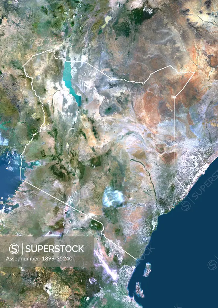 Kenya, Africa, True Colour Satellite Image With Border. Satellite view of Kenya (with border). This image was compiled from data acquired by LANDSAT 5 & 7 satellites.