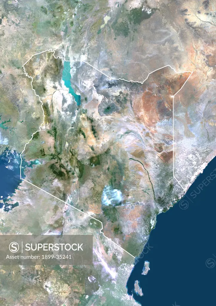 Kenya, Africa, True Colour Satellite Image With Border And Mask. Satellite view of Kenya (with border and mask). This image was compiled from data acquired by LANDSAT 5 & 7 satellites.