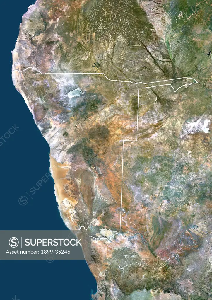 Namibia, Africa, True Colour Satellite Image With Border. Satellite view of Namibia (with border and mask). This image was compiled from data acquired by LANDSAT 5 & 7 satellites.