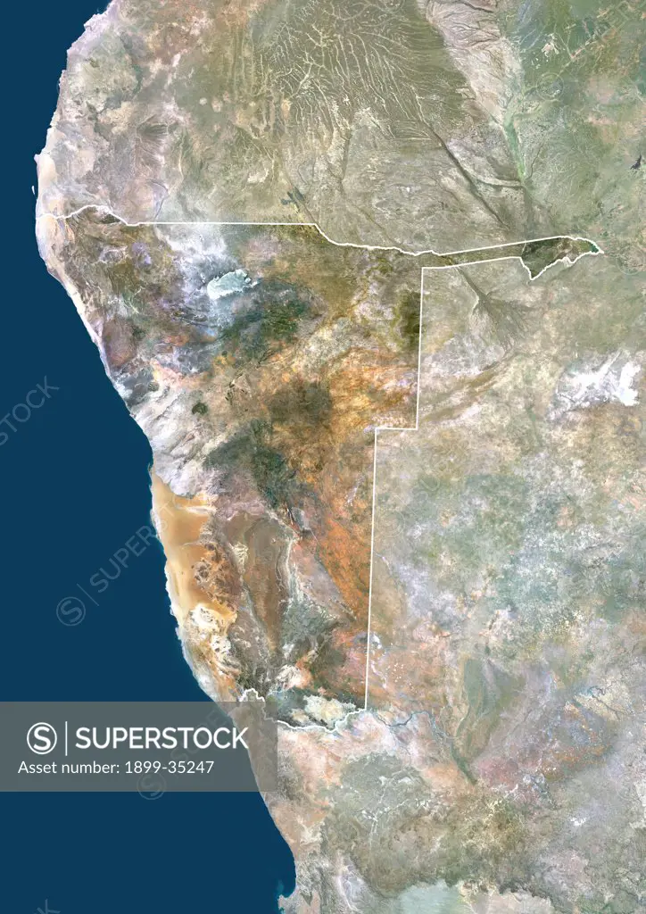 Namibia, Africa, True Colour Satellite Image With Border And Mask. Satellite view of Namibia (with border and mask). This image was compiled from data acquired by LANDSAT 5 & 7 satellites.