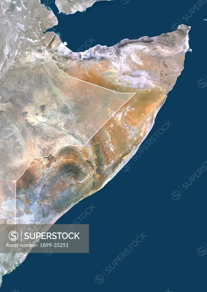 Somalia, Africa, True Colour Satellite Image With Border And Mask. Satellite view of Somalia (with border and mask). This image was compiled from data acquired by LANDSAT 5 & 7 satellites.