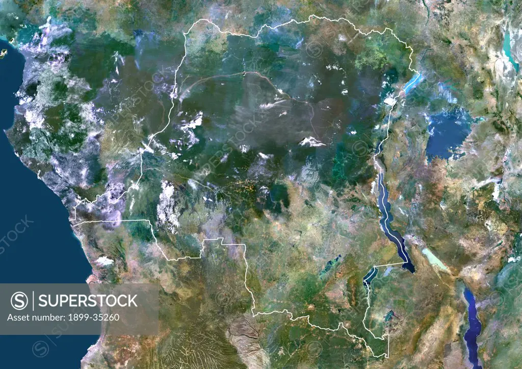 Democratic Republic Of The Congo, Africa, True Colour Satellite Image With Border. Satellite view of the Democratic Republic of the Congo - Kinshasa (with border). This image was compiled from data acquired by LANDSAT 5 & 7 satellites.