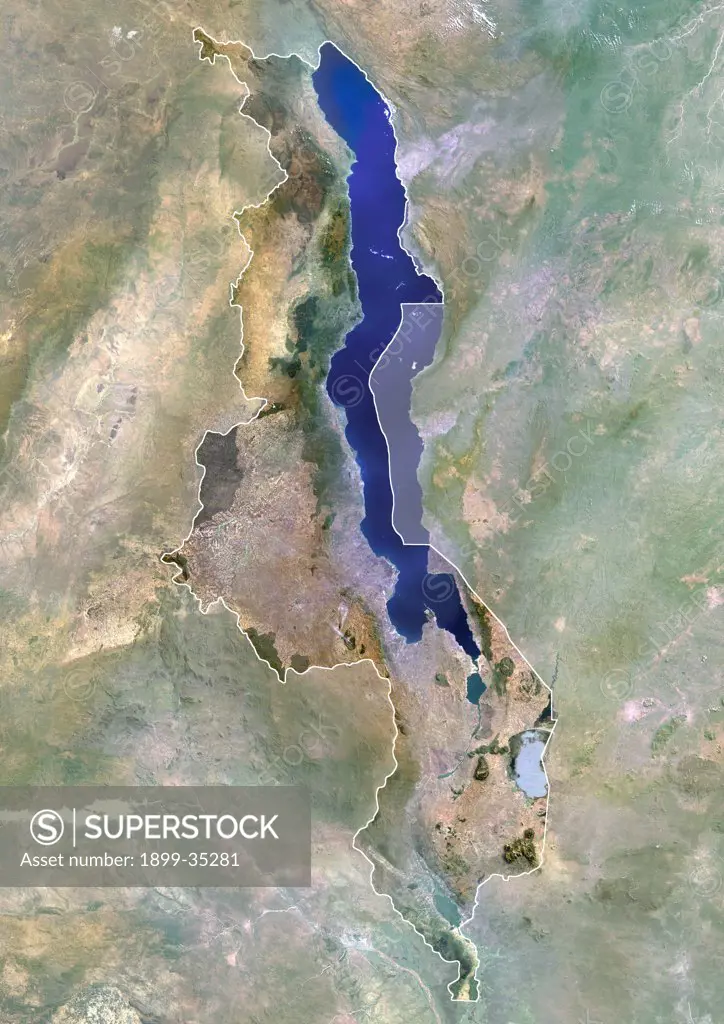 Malawi, Africa, True Colour Satellite Image With Border And Mask. Satellite view of Malawi (with border and mask). This image was compiled from data acquired by LANDSAT 5 & 7 satellites.