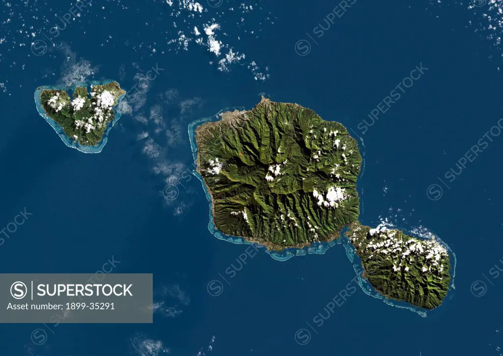 Tahiti, French Polynesia, French Overseas, Oceania, True Colour Satellite Image. Satellite view of Tahiti, French Polynesia, located in the archipelago of Society Islands in the southern Pacific Ocean. This image was compiled from data acquired by LANDSAT 5 & 7 satellites.