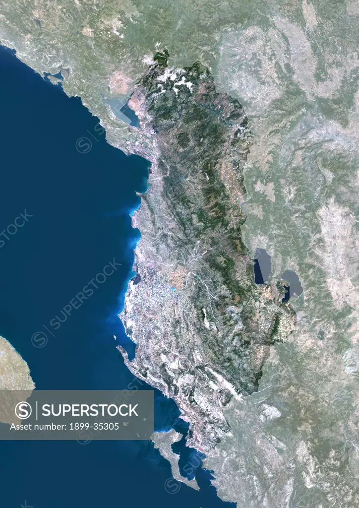 Albania, Europe, True Colour Satellite Image With Mask. Satellite view of Albania (with mask). This image was compiled from data acquired by LANDSAT 5 & 7 satellites.
