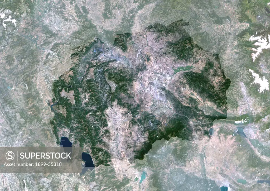 Macedonia, Europe, True Colour Satellite Image With Mask. Satellite view of Macedonia (with mask). This image was compiled from data acquired by LANDSAT 5 & 7 satellites.