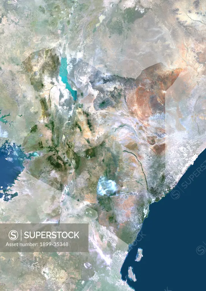 Kenya, Africa, True Colour Satellite Image With Mask. Satellite view of Kenya (with mask). This image was compiled from data acquired by LANDSAT 5 & 7 satellites.