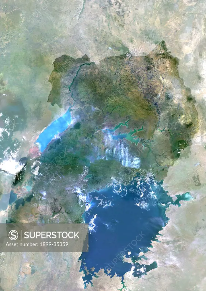 Uganda, Africa, True Colour Satellite Image With Mask. Satellite view of Uganda (with mask). This image was compiled from data acquired by LANDSAT 5 & 7 satellites.