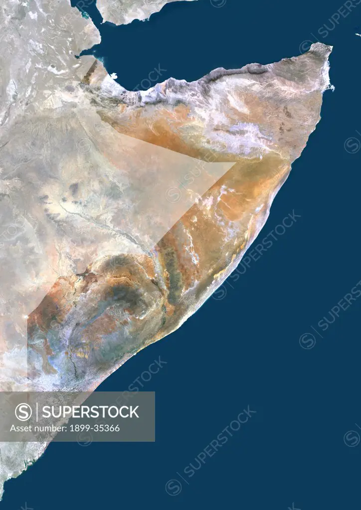 Somalia, Africa, True Colour Satellite Image With Mask. Satellite view of Somalia (with mask). This image was compiled from data acquired by LANDSAT 5 & 7 satellites.