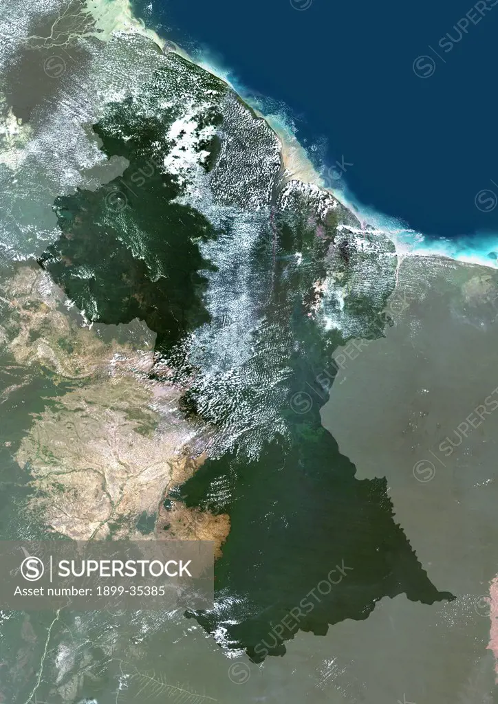 Guyana, South America, True Colour Satellite Image With Mask. Satellite view of Guyana (with mask). This image was compiled from data acquired by LANDSAT 5 & 7 satellites.