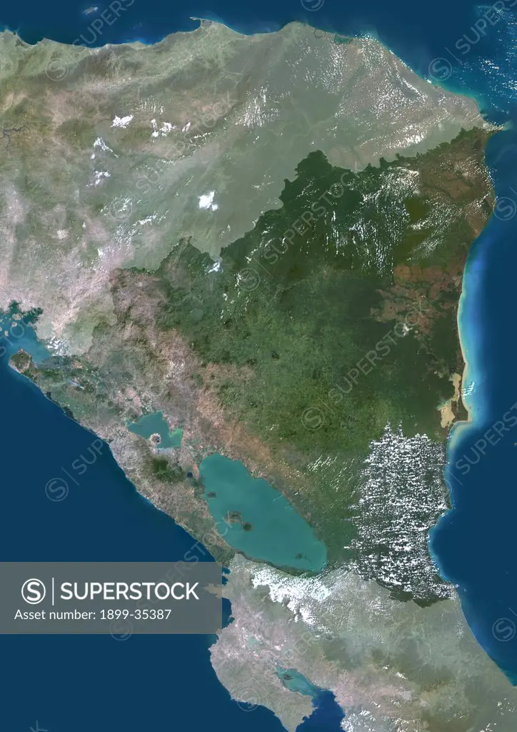 Nicaragua, Central America, True Colour Satellite Image With Mask. Satellite view of Nicaragua (with mask). This image was compiled from data acquired by LANDSAT 5 & 7 satellites.