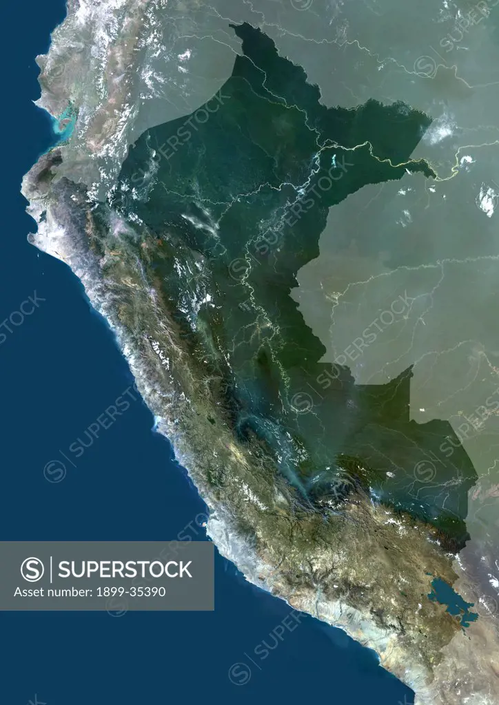 Peru, South America, True Colour Satellite Image With Mask. Satellite view of Peru (with mask). This image was compiled from data acquired by LANDSAT 5 & 7 satellites.