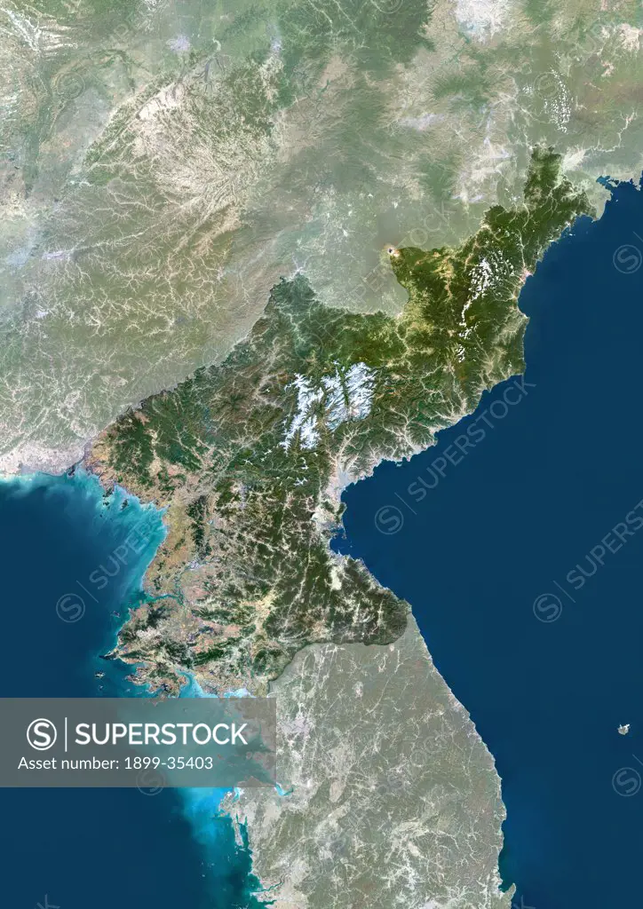 North Korea, Asia, True Colour Satellite Image With Mask. Satellite view of North Korea (with mask). This image was compiled from data acquired by LANDSAT 5 & 7 satellites.