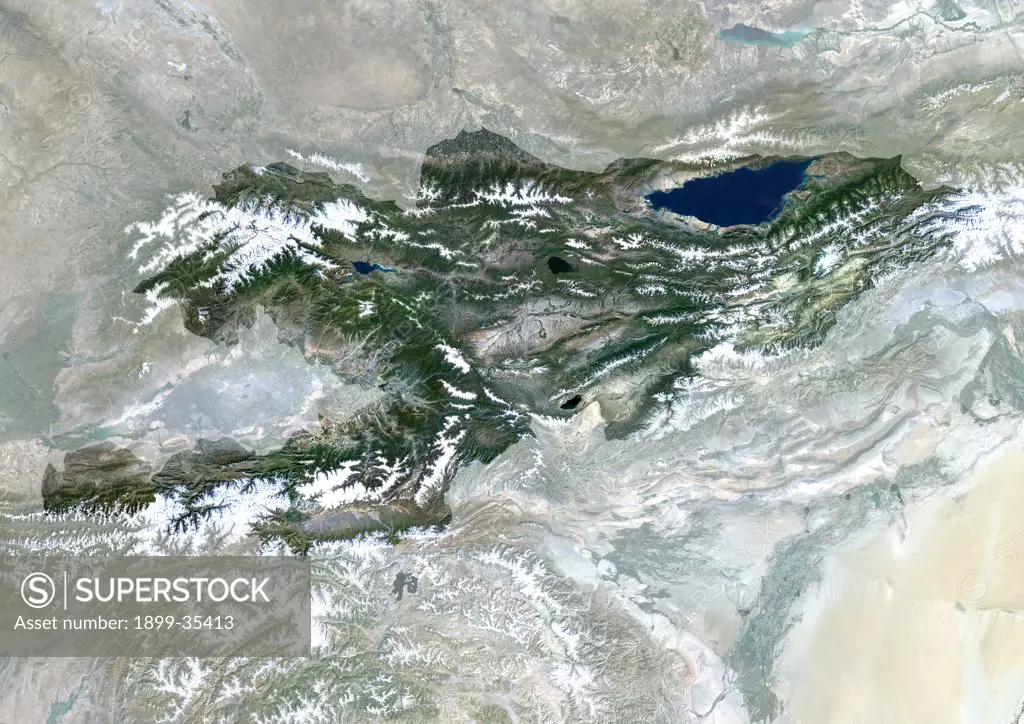Kyrgyzstan, Asia, True Colour Satellite Image With Mask. Satellite view of Kyrgyzstan (with mask). This image was compiled from data acquired by LANDSAT 5 & 7 satellites.