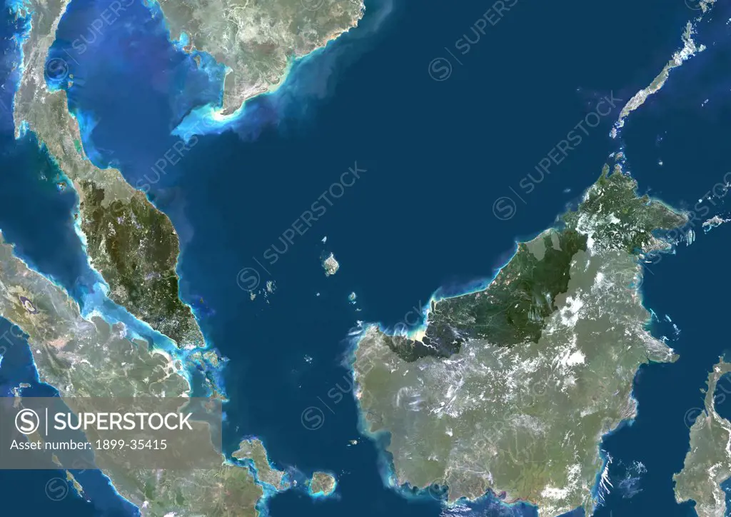 Malaysia, Asia, True Colour Satellite Image With Mask. Satellite view of Malaysia (with mask). This image was compiled from data acquired by LANDSAT 5 & 7 satellites.