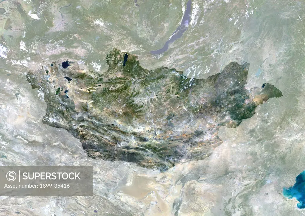 Mongolia, Asia, True Colour Satellite Image With Mask. Satellite view of Mongolia (with mask). This image was compiled from data acquired by LANDSAT 5 & 7 satellites.