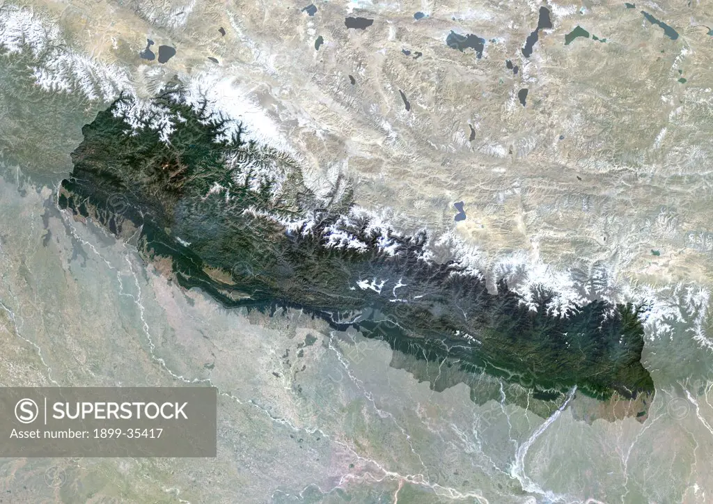 Nepal, Asia, True Colour Satellite Image With Mask. Satellite view of Nepal (with mask). This image was compiled from data acquired by LANDSAT 5 & 7 satellites.