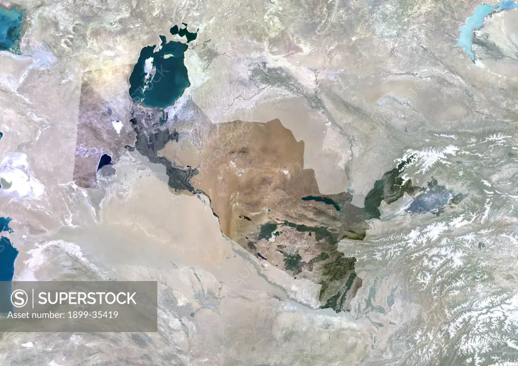 Uzbekistan, Asia, True Colour Satellite Image With Mask. Satellite view of Uzbekistan (with mask). This image was compiled from data acquired by LANDSAT 5 & 7 satellites.