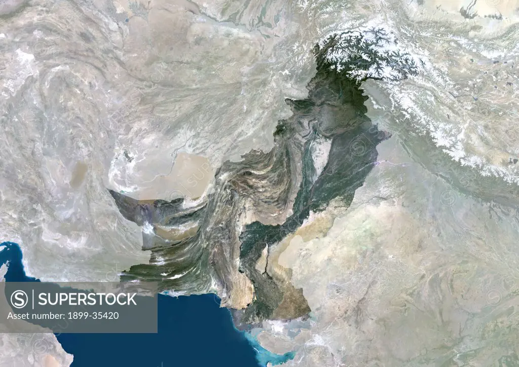 Pakistan, Asia, True Colour Satellite Image With Mask. Satellite view of Pakistan (with mask). This image was compiled from data acquired by LANDSAT 5 & 7 satellites.