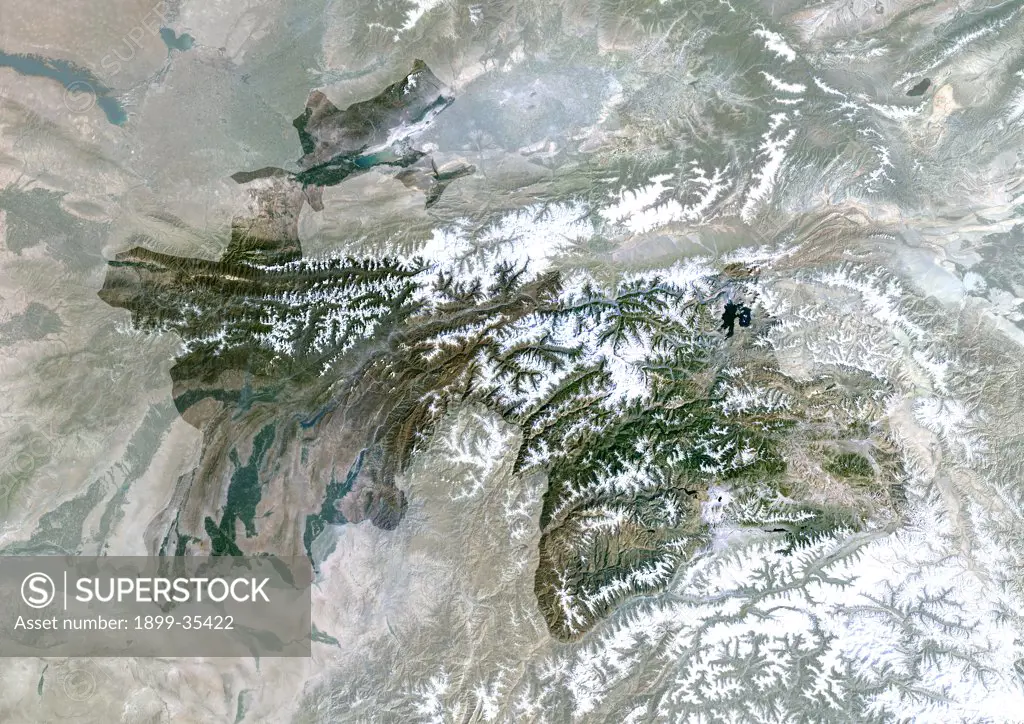 Tajikistan, Asia, True Colour Satellite Image With Mask. Satellite view of Tajikistan (with mask). This image was compiled from data acquired by LANDSAT 5 & 7 satellites.