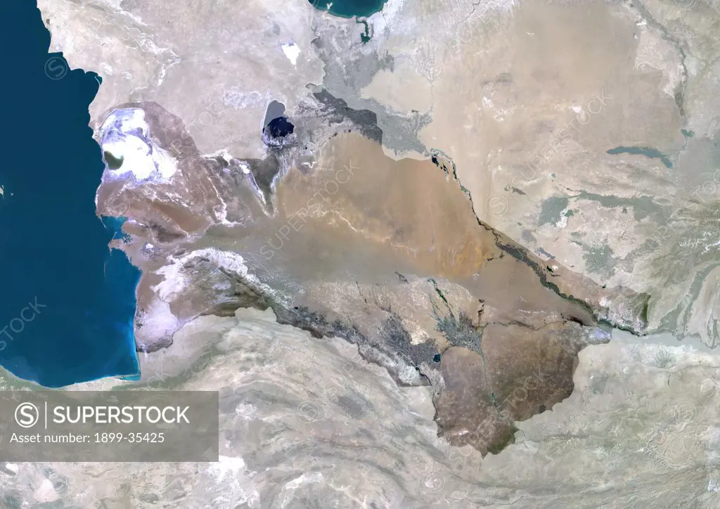 Turkmenistan, Asia, True Colour Satellite Image With Mask. Satellite view of Turkmenistan (with mask). This image was compiled from data acquired by LANDSAT 5 & 7 satellites.