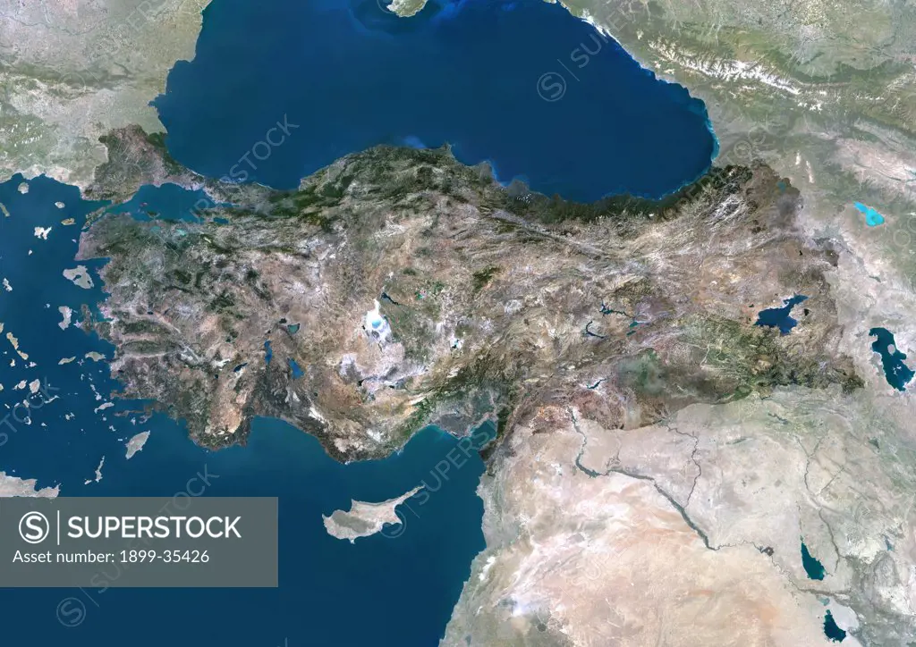 Turkey, Asia, True Colour Satellite Image With Mask. Satellite view of Turkey (with mask). This image was compiled from data acquired by LANDSAT 5 & 7 satellites.