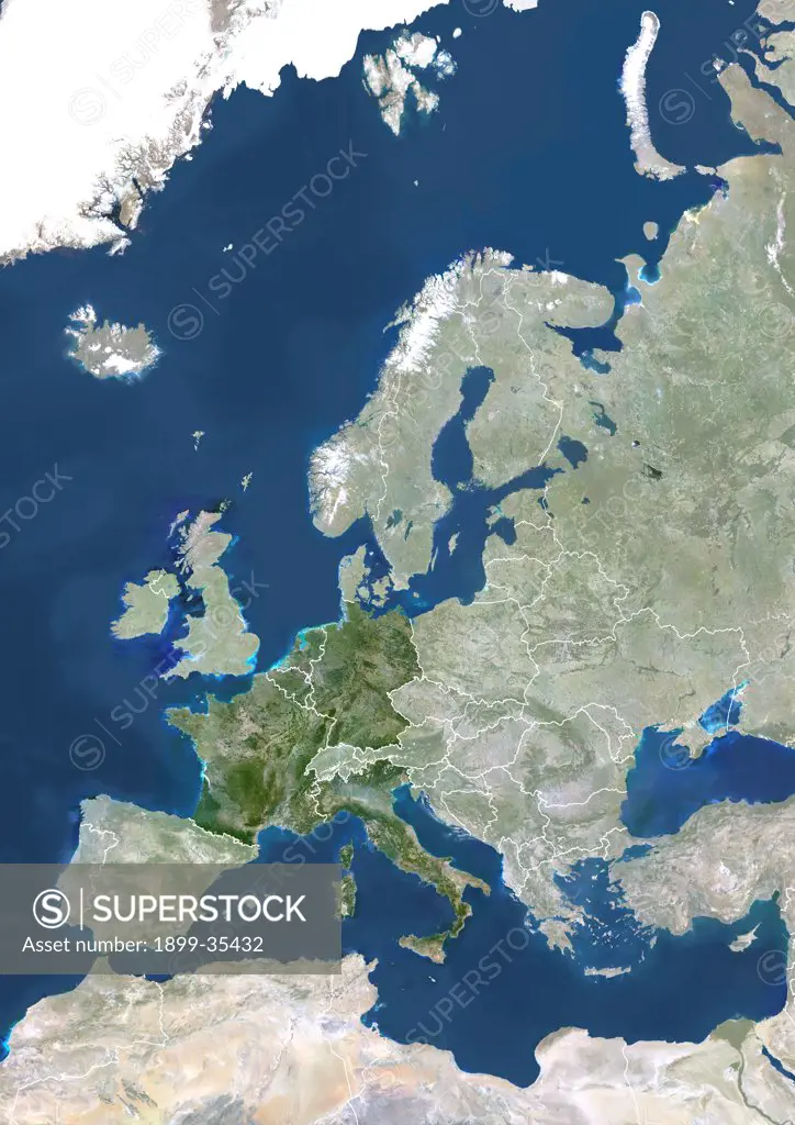 Member States Of The European Union In 1957, True Colour Satellite Image With Mask And Borders. True colour satellite image of the European Union in 1957, showing the 6 member states. This image in Lambert Conformal Conic projection was compiled from data acquired by LANDSAT 5 & 7 satellites.