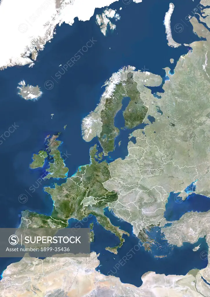 Member States Of The European Union In 1995, True Colour Satellite Image With Mask And Borders. True colour satellite image of the European Union in 1995, showing the 15 member states. This image in Lambert Conformal Conic projection was compiled from data acquired by LANDSAT 5 & 7 satellites.