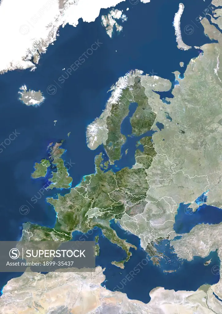 Member States Of The European Union In 2004, True Colour Satellite Image With Mask And Borders. True colour satellite image of the European Union in 2004, showing the 25 member states. This image in Lambert Conformal Conic projection was compiled from data acquired by LANDSAT 5 & 7 satellites.