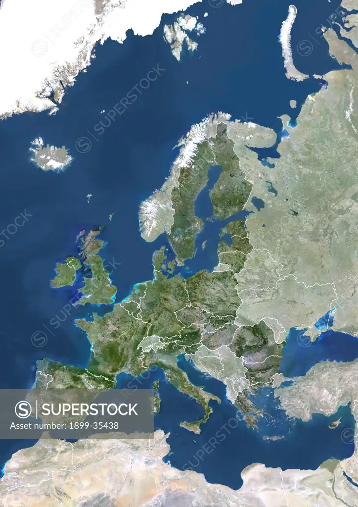 Member States Of The European Union In 2007, True Colour Satellite Image With Mask And Borders. True colour satellite image of the European Union in 2007, showing the 27 member states. This image in Lambert Conformal Conic projection was compiled from data acquired by LANDSAT 5 & 7 satellites.