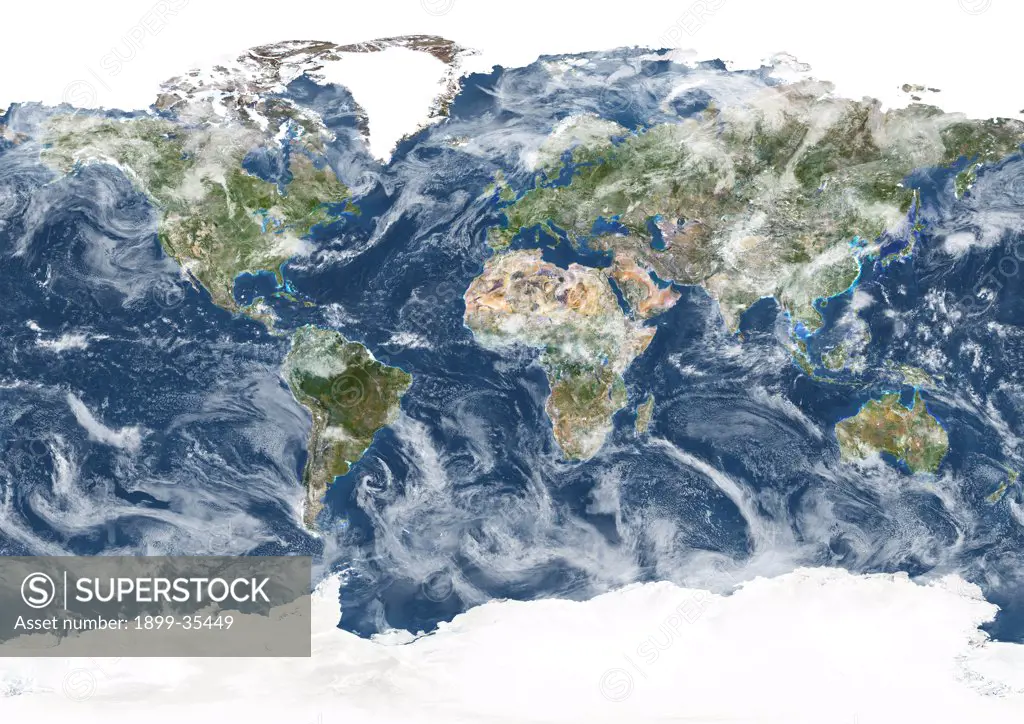 Whole Earth With Cloud Coverage, True Colour Satellite Image. True colour satellite image of the whole Earth with cloud coverage. This image in Miller projection was compiled from data acquired by LANDSAT 5 & 7 satellites.