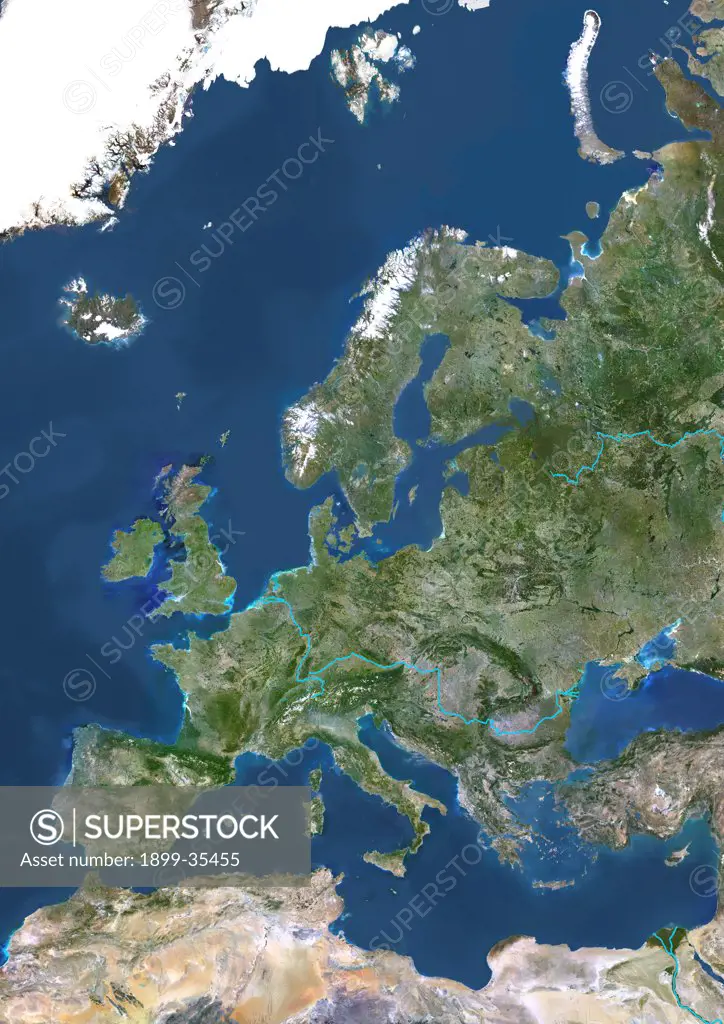 Europe With Major Rivers, True Colour Satellite Image. True colour satellite image of Europe with major rivers. This image in Lambert Conformal Conic projection was compiled from data acquired by LANDSAT 5 & 7 satellites.