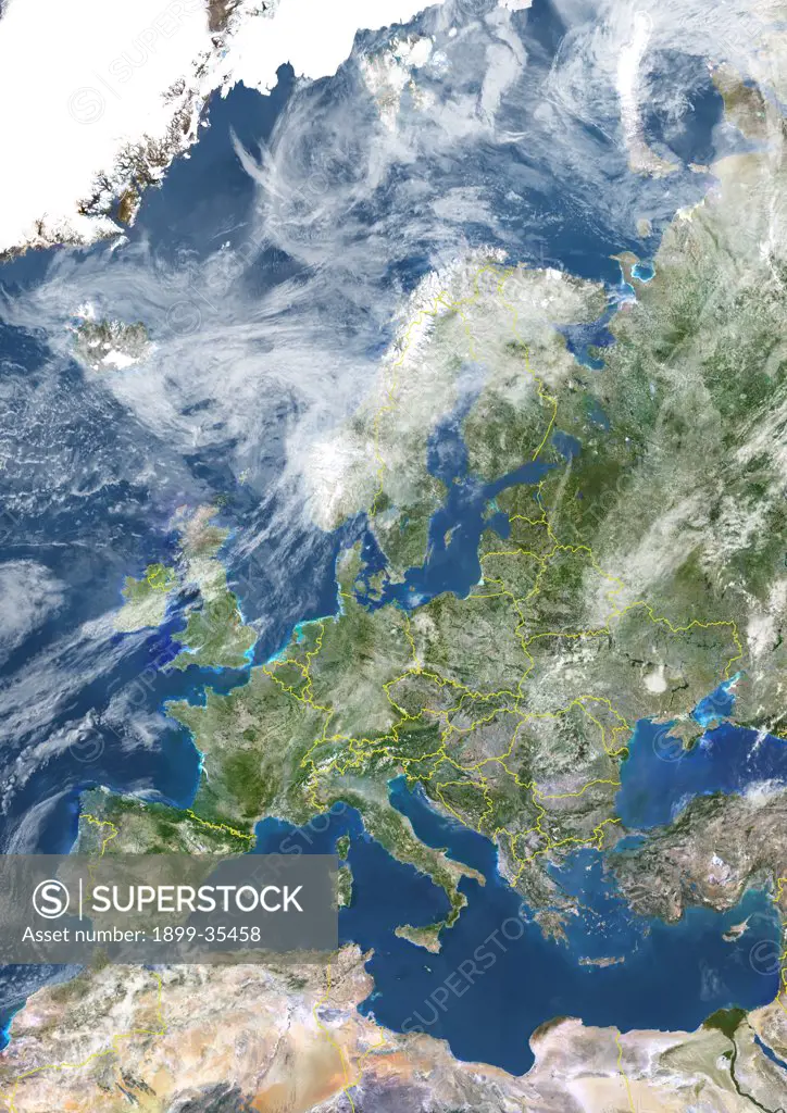 Europe With Country Borders And Cloud Coverage, True Colour Satellite Image. True colour satellite image of Europe with country borders and cloud coverage. This image in Lambert Conformal Conic projection was compiled from data acquired by LANDSAT 5 & 7 satellites.