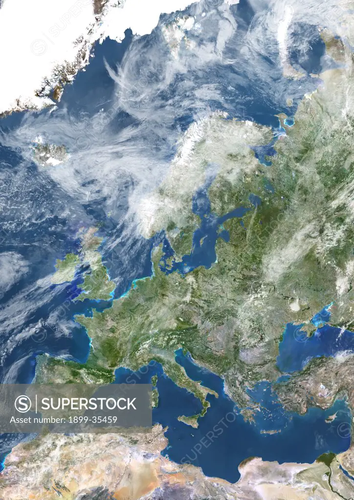 Europe With Cloud Coverage, True Colour Satellite Image. True colour satellite image of Europe with cloud coverage. This image in Lambert Conformal Conic projection was compiled from data acquired by LANDSAT 5 & 7 satellites.