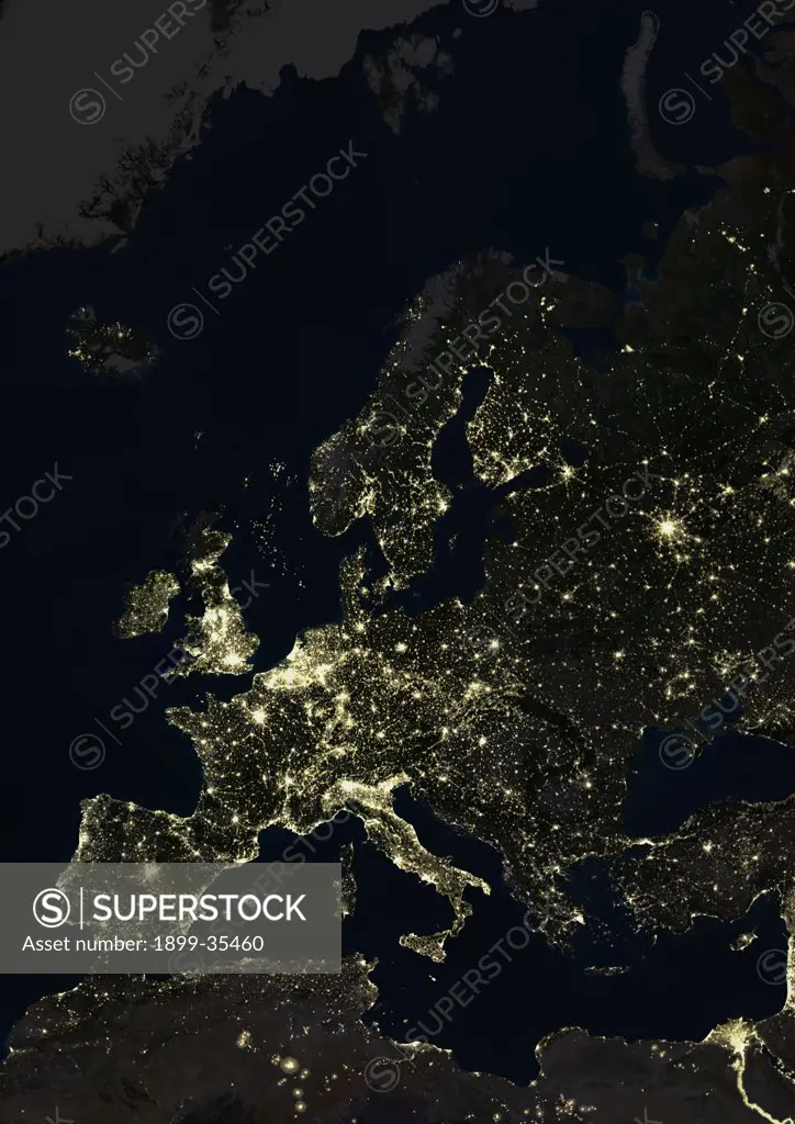 Europe At Night, True Colour Satellite Image. True colour satellite image of Europe at night. This image in Lambert Conformal Conic projection was compiled from data acquired by LANDSAT 5 & 7 satellites.