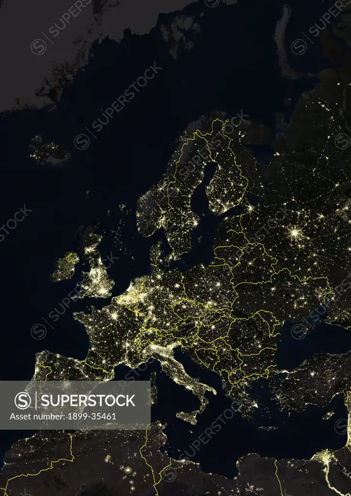 Europe At Night With Country Borders, True Colour Satellite Image. True colour satellite image of Europe at night with country borders. This image in Lambert Conformal Conic projection was compiled from data acquired by LANDSAT 5 & 7 satellites.