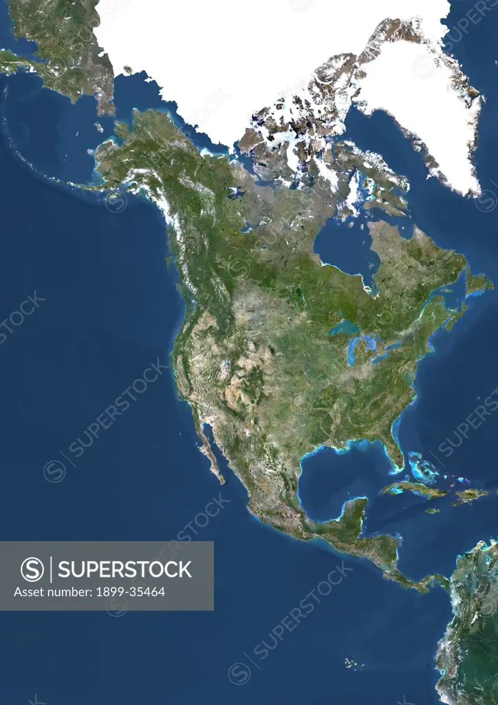 North America, True Colour Satellite Image. True colour satellite image of North America. This image in Lambert Conformal Conic projection was compiled from data acquired by LANDSAT 5 & 7 satellites.